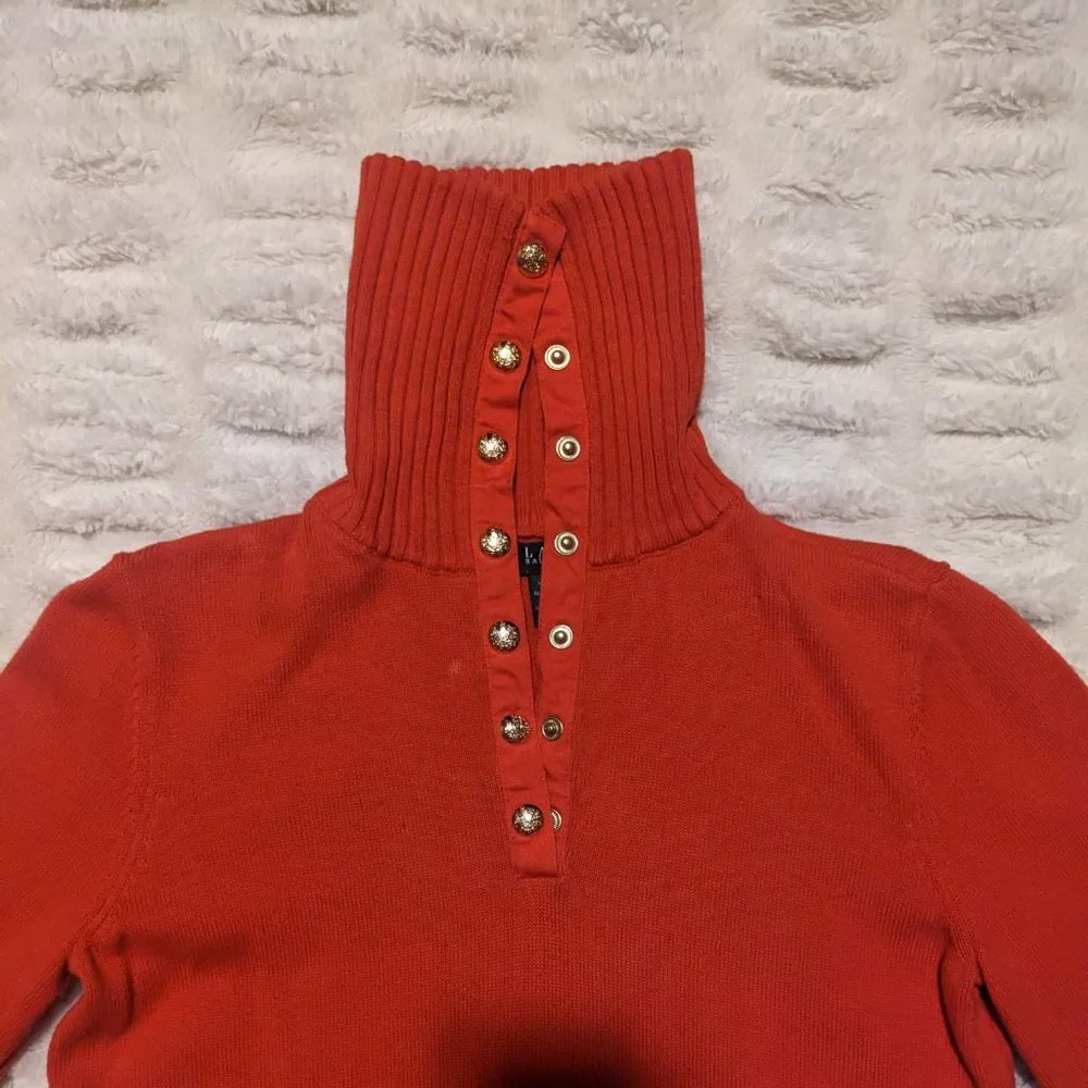 Lauren by Ralph Lauren Vintage Petite Orange Knit Snap Neck Sweater - Picture 3 of 7